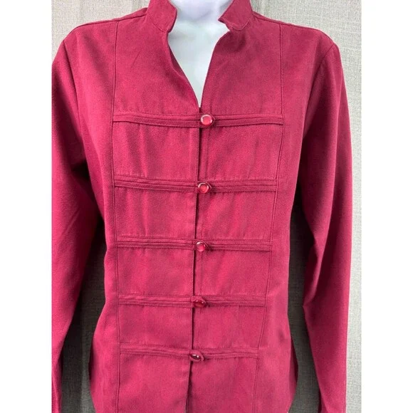 Dress Barn Women's Sueded Button Down Shirt Size M Red Asian Style Military - Picture 2 of 9